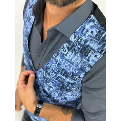 GIOVANNI PERA kamizelka męska D628 niebieska w napisy, efekt jeansu, bezrękawnik | Sklep GriShop.eu | Kamizelki