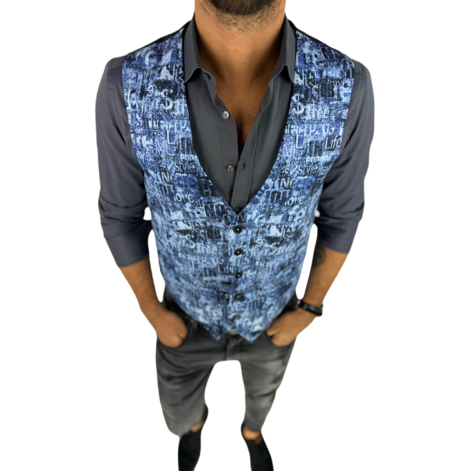 GIOVANNI PERA kamizelka męska D628 niebieska w napisy, efekt jeansu, bezrękawnik | Sklep GriShop.eu | Kamizelki