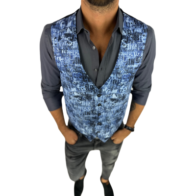 GIOVANNI PERA kamizelka męska D628 niebieska w napisy, efekt jeansu, bezrękawnik | Sklep GriShop.eu | Kamizelki