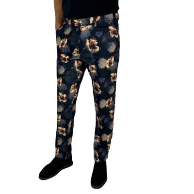 GIOVANNI PERA Spodnie męskie chinosy D627 czarne w złote kwiaty, eleganckie | Sklep GriShop.eu | Spodnie