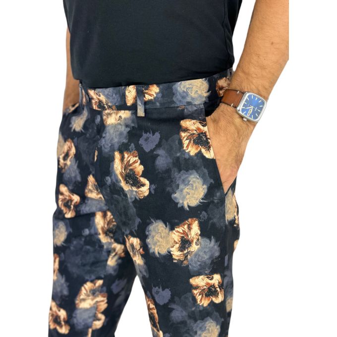 GIOVANNI PERA Spodnie męskie chinosy D627 czarne w złote kwiaty, eleganckie | Sklep GriShop.eu | Spodnie