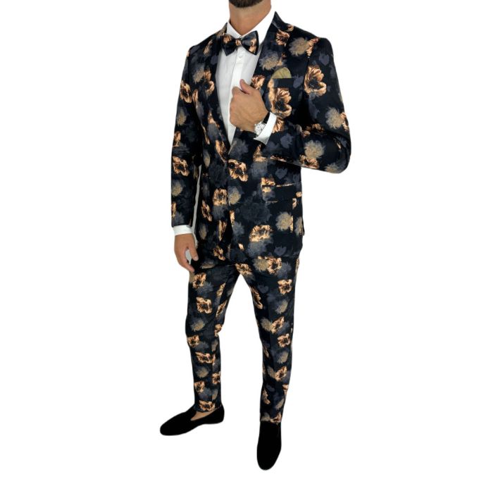 GIOVANNI PERA Garnitur męski D627-G czarny w złote kwiaty, elegancki, imprezowy | Sklep GriShop.eu | Garnitury