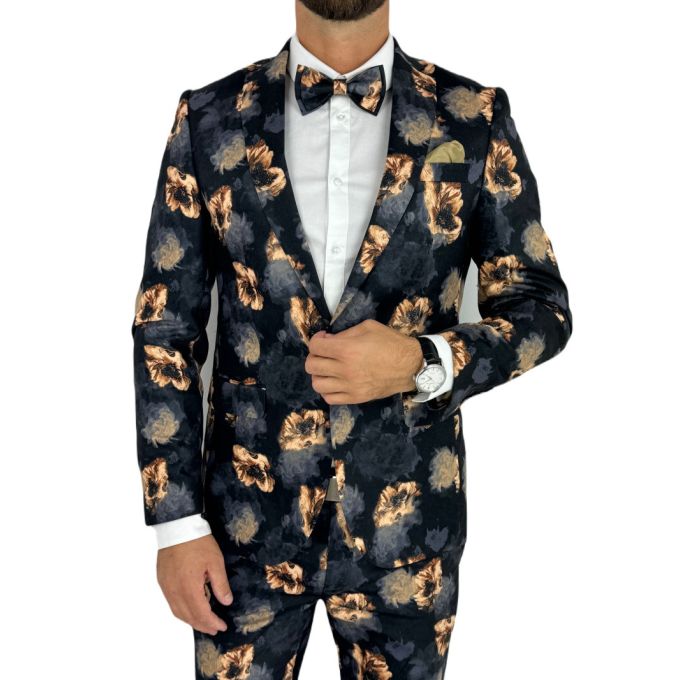 GIOVANNI PERA Garnitur męski D627-G czarny w złote kwiaty, elegancki, imprezowy | Sklep GriShop.eu | Garnitury