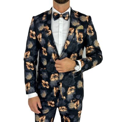 GIOVANNI PERA Garnitur męski D627-G czarny w złote kwiaty, elegancki, imprezowy | Sklep GriShop.eu | Garnitury