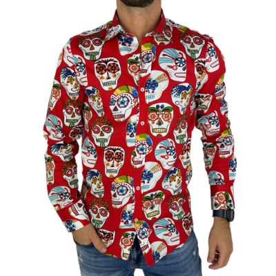 GIOVANNI PERA Koszula męska GP349 czerwona, czaszki meksykańskie, capula | Sklep GriShop.eu | Koszule