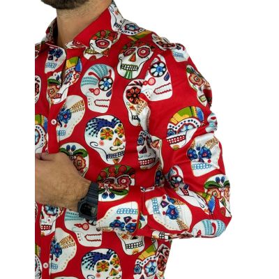 GIOVANNI PERA Koszula męska GP349 czerwona, czaszki meksykańskie, capula | Sklep GriShop.eu | Koszule