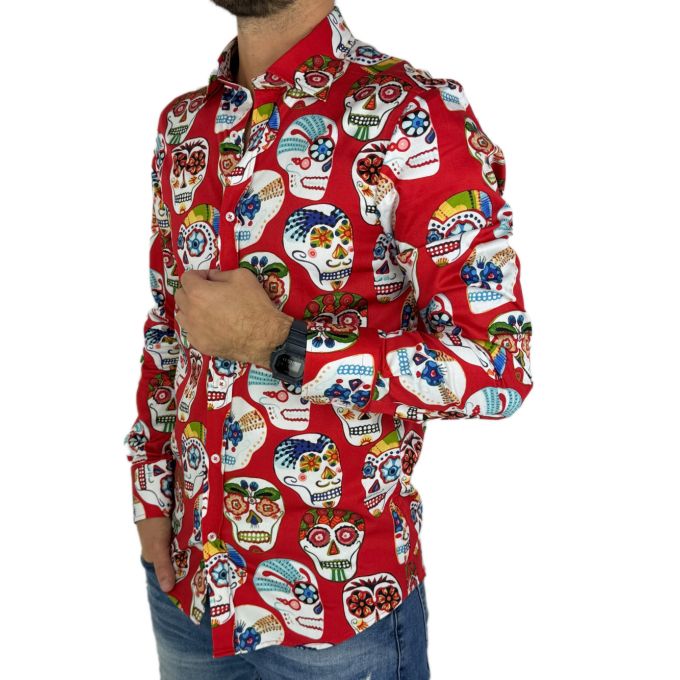 GIOVANNI PERA Koszula męska GP349 czerwona, czaszki meksykańskie, capula | Sklep GriShop.eu | Koszule