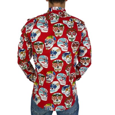 GIOVANNI PERA Koszula męska GP349 czerwona, czaszki meksykańskie, capula | Sklep GriShop.eu | Koszule
