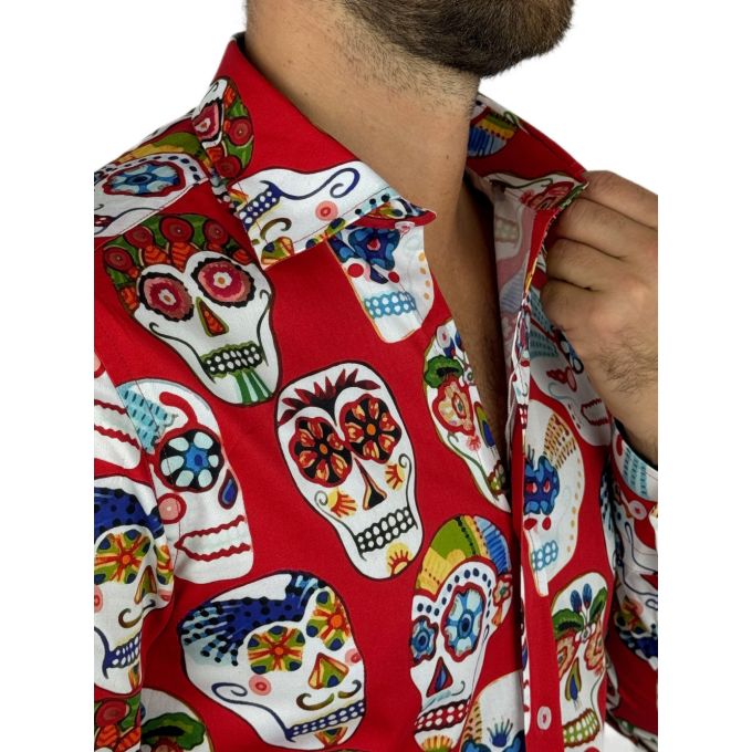 GIOVANNI PERA Koszula męska GP349 czerwona, czaszki meksykańskie, capula | Sklep GriShop.eu | Koszule