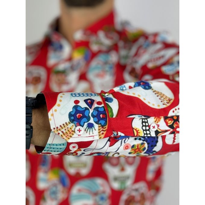 GIOVANNI PERA Koszula męska GP349 czerwona, czaszki meksykańskie, capula | Sklep GriShop.eu | Koszule