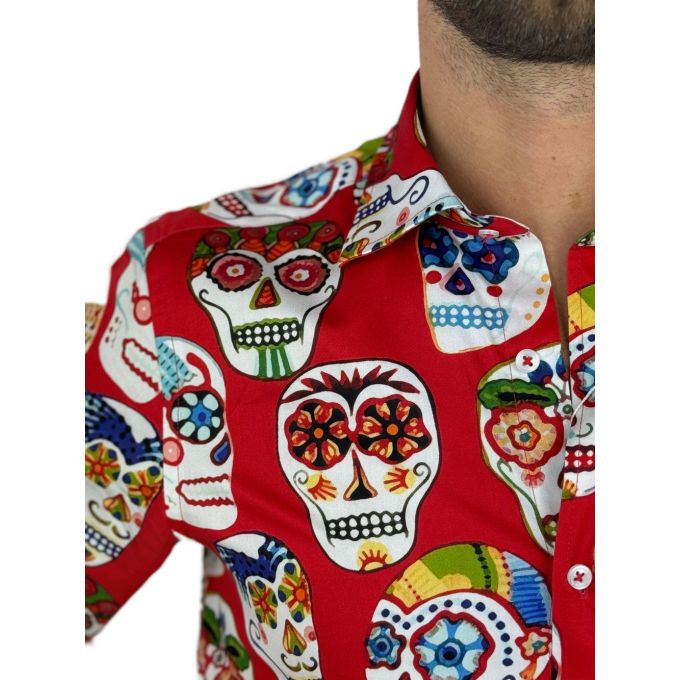 GIOVANNI PERA Koszula męska GP349 czerwona, czaszki meksykańskie, capula | Sklep GriShop.eu | Koszule