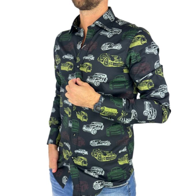 GIOVANNI PERA Koszula męska GP350 czarna, auta, kolorowe, samochody | Sklep GriShop.eu | Koszule