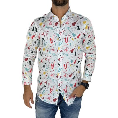 GIOVANNI PERA Koszula męska GP351 biała, muzyczna, kolorowa, instrumenty | Sklep GriShop.eu | Koszule