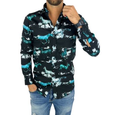 GIOVANNI PERA Koszula męska GP352 czarna, konie, koń | Sklep GriShop.eu | Koszule