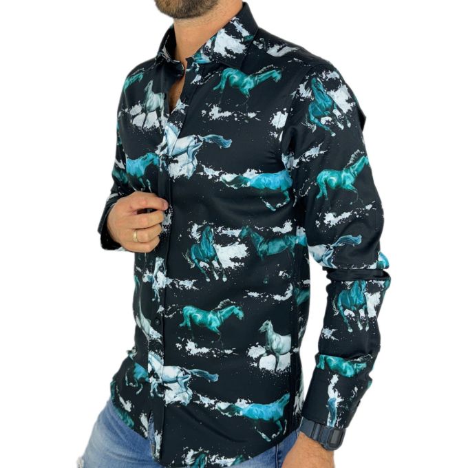 GIOVANNI PERA Koszula męska GP352 czarna, konie, koń | Sklep GriShop.eu | Koszule