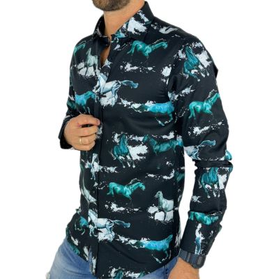 GIOVANNI PERA Koszula męska GP352 czarna, konie, koń | Sklep GriShop.eu | Koszule