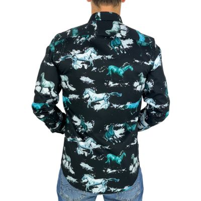 GIOVANNI PERA Koszula męska GP352 czarna, konie, koń | Sklep GriShop.eu | Koszule