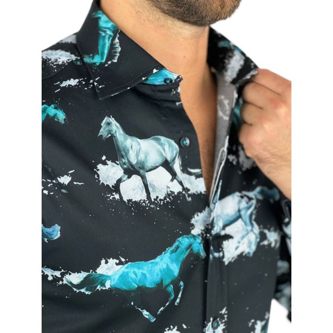 GIOVANNI PERA Koszula męska GP352 czarna, konie, koń | Sklep GriShop.eu | Koszule