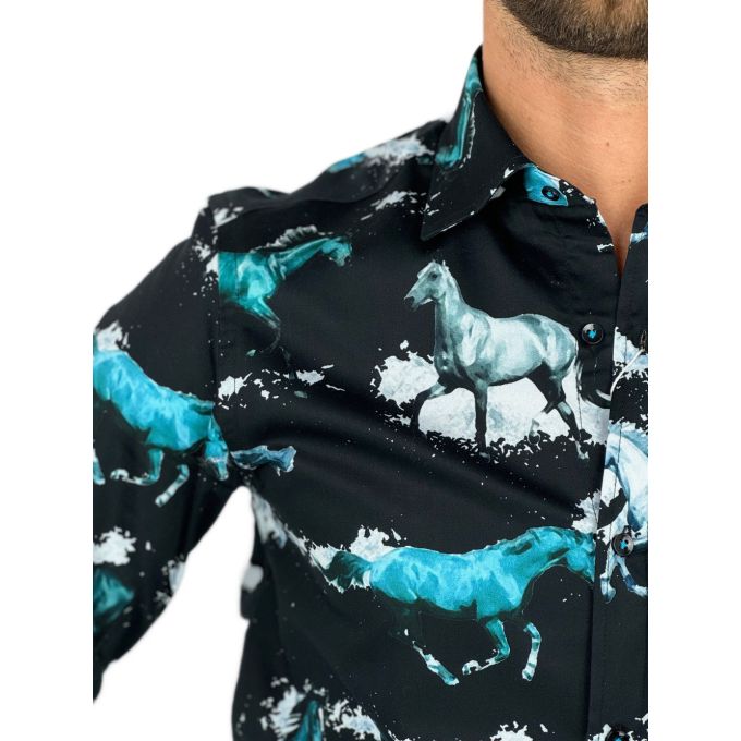 GIOVANNI PERA Koszula męska GP352 czarna, konie, koń | Sklep GriShop.eu | Koszule