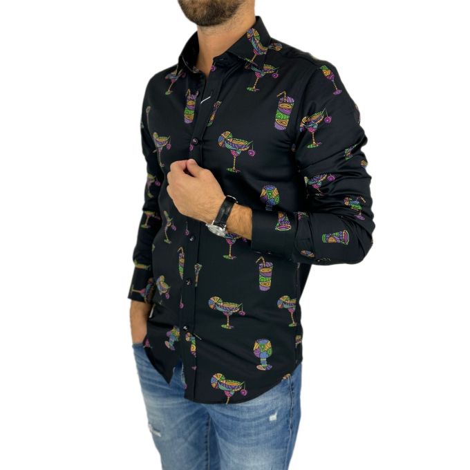 GIOVANNI PERA Koszula męska GP353 czarna, drinki, barman, kolorowa | Sklep GriShop.eu | Koszule