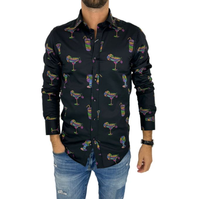 GIOVANNI PERA Koszula męska GP353 czarna, drinki, barman, kolorowa | Sklep GriShop.eu | Koszule
