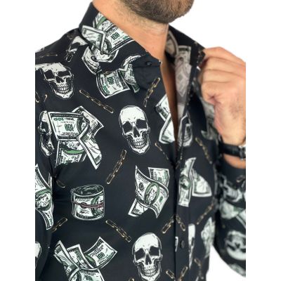 GIOVANNI PERA Koszula męska GP356 czarna, dolary, czaszki, łańcuchy | Sklep GriShop.eu | Koszule