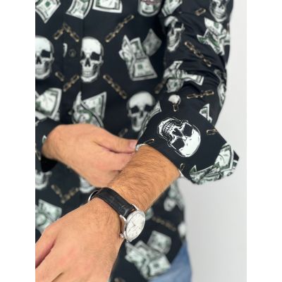 GIOVANNI PERA Koszula męska GP356 czarna, dolary, czaszki, łańcuchy | Sklep GriShop.eu | Koszule