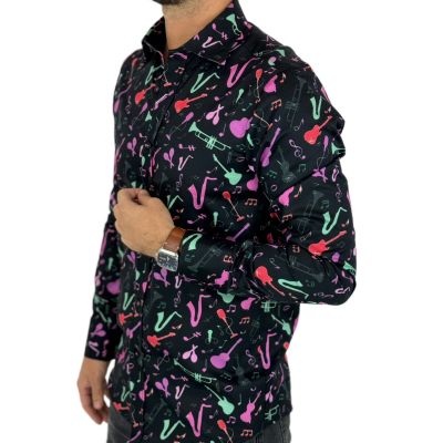 GIOVANNI PERA Koszula męska GP361 czarna, muzyczna, instrumenty | Sklep GriShop.eu | Koszule