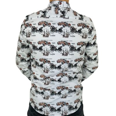 GIOVANNI PERA Koszula męska GP362 biała, auta, retro, vintage | Sklep GriShop.eu | Koszule
