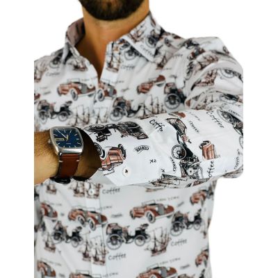 GIOVANNI PERA Koszula męska GP362 biała, auta, retro, vintage | Sklep GriShop.eu | Koszule