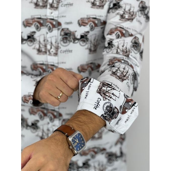 GIOVANNI PERA Koszula męska GP362 biała, auta, retro, vintage | Sklep GriShop.eu | Koszule