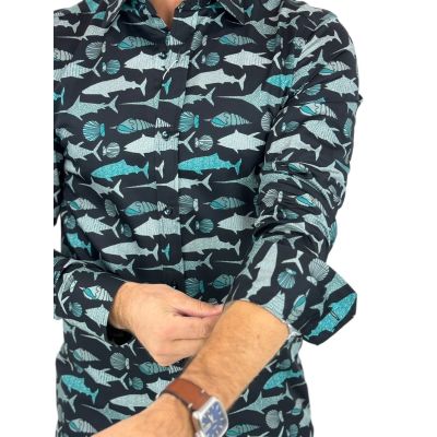 GIOVANNI PERA Koszula męska GP363 czarna, ryby, morska, niebieski | Sklep GriShop.eu | Koszule