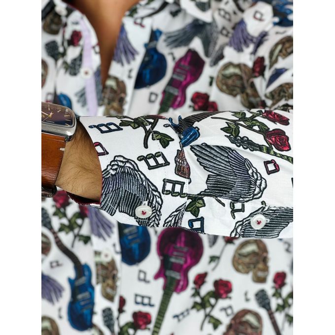 GUISEPPE LUIGI Koszula męska GL46 biała, muzyczna, kwiaty, gitara, rock | Sklep GriShop.eu | Koszule
