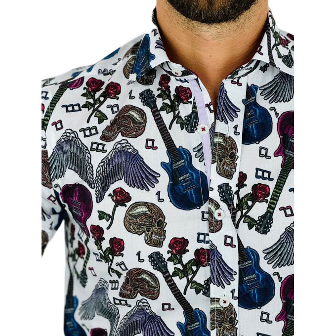 GUISEPPE LUIGI Koszula męska GL46 biała, muzyczna, kwiaty, gitara, rock | Sklep GriShop.eu | Koszule