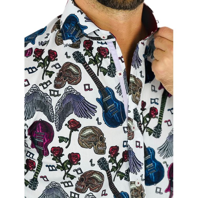 GUISEPPE LUIGI Koszula męska GL46 biała, muzyczna, kwiaty, gitara, rock | Sklep GriShop.eu | Koszule