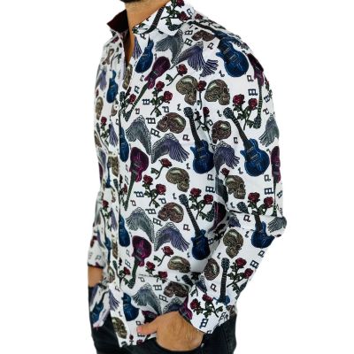 GUISEPPE LUIGI Koszula męska GL46 biała, muzyczna, kwiaty, gitara, rock | Sklep GriShop.eu | Koszule