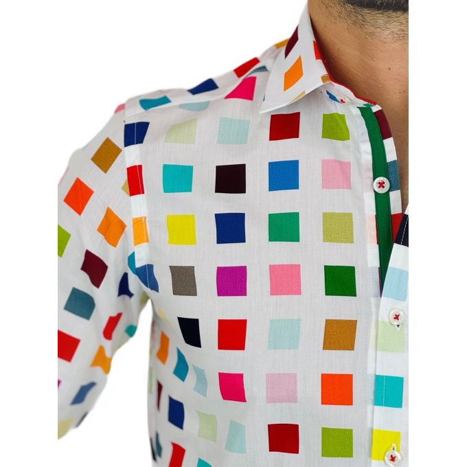 GUISEPPE LUIGI Koszula męska GL50 biała, kolorowe kwadraty, wesoła | Sklep GriShop.eu | Koszule