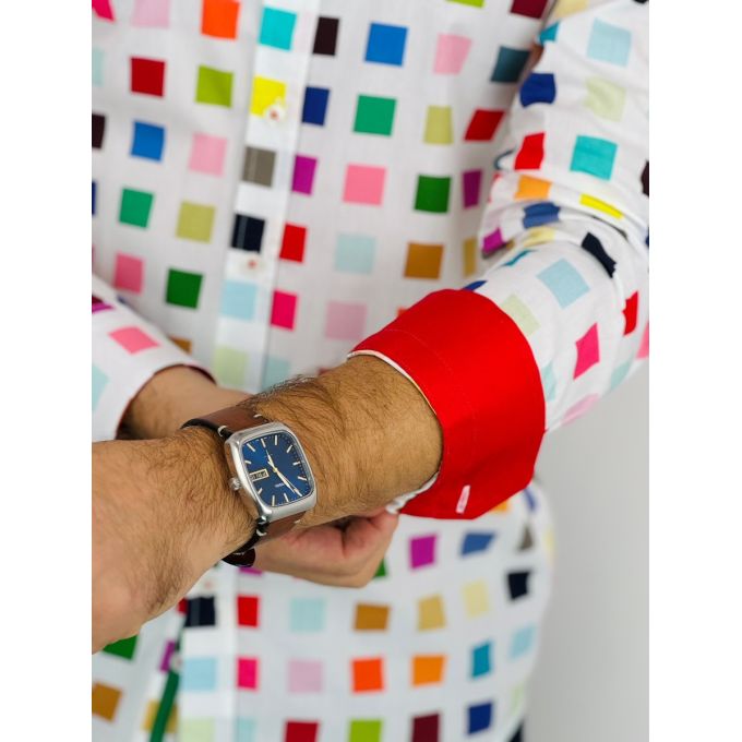 GUISEPPE LUIGI Koszula męska GL50 biała, kolorowe kwadraty, wesoła | Sklep GriShop.eu | Koszule