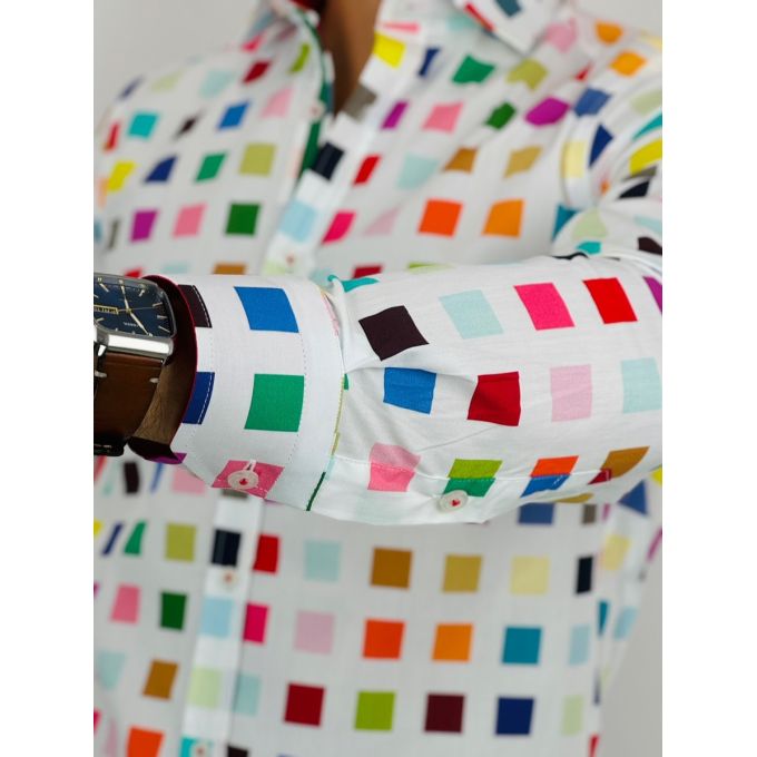 GUISEPPE LUIGI Koszula męska GL50 biała, kolorowe kwadraty, wesoła | Sklep GriShop.eu | Koszule