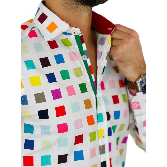 GUISEPPE LUIGI Koszula męska GL50 biała, kolorowe kwadraty, wesoła | Sklep GriShop.eu | Koszule