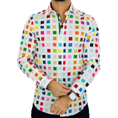 GUISEPPE LUIGI Koszula męska GL50 biała, kolorowe kwadraty, wesoła | Sklep GriShop.eu | Koszule