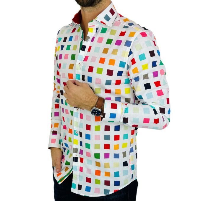 GUISEPPE LUIGI Koszula męska GL50 biała, kolorowe kwadraty, wesoła | Sklep GriShop.eu | Koszule