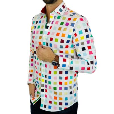 GUISEPPE LUIGI Koszula męska GL50 biała, kolorowe kwadraty, wesoła | Sklep GriShop.eu | Koszule