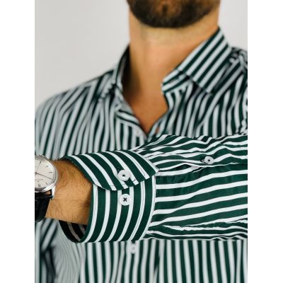 DANIEL BESSI Koszula męska fb095 paski, zielone, białe, efekt jedwabiu | Sklep GriShop.eu | Koszule