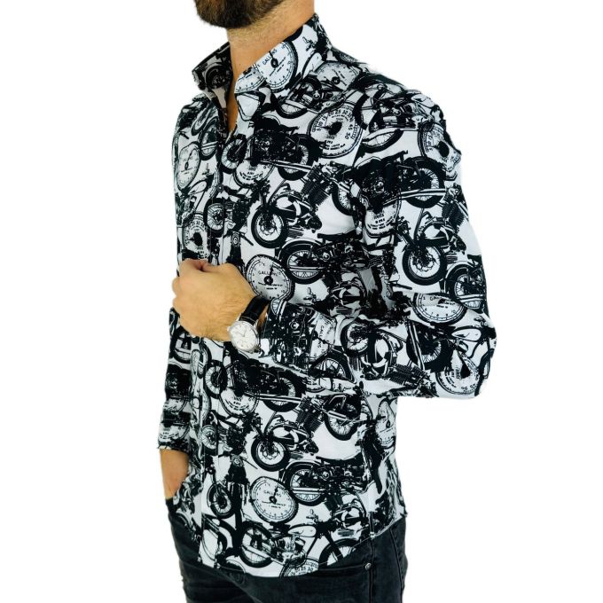 GIOVANNI PERA Koszula męska K011 Biała, czarna, motory, zegary | Sklep GriShop.eu | Koszule