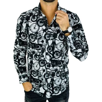 GIOVANNI PERA Koszula męska K011 Biała, czarna, motory, zegary | Sklep GriShop.eu | Koszule