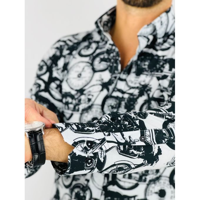 GIOVANNI PERA Koszula męska K011 Biała, czarna, motory, zegary | Sklep GriShop.eu | Koszule