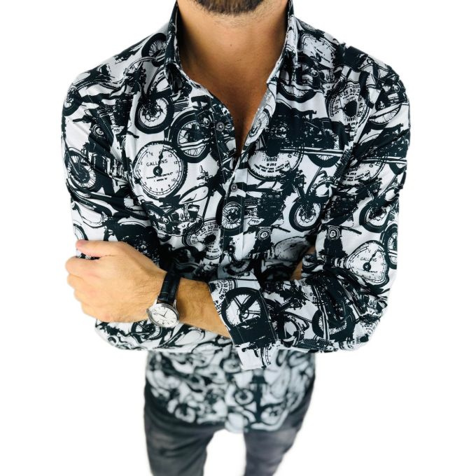 GIOVANNI PERA Koszula męska K011 Biała, czarna, motory, zegary | Sklep GriShop.eu | Koszule