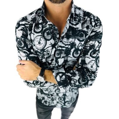 GIOVANNI PERA Koszula męska K011 Biała, czarna, motory, zegary | Sklep GriShop.eu | Koszule