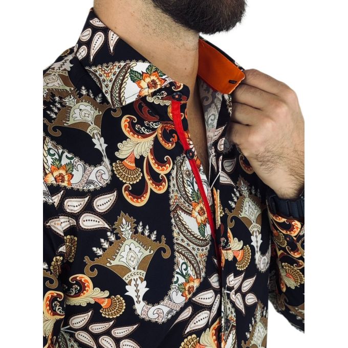 GUISEPPE LUIGI Koszula męska GL55 czarna, kwiaty, paisley, brązowy | Sklep GriShop.eu | Koszule